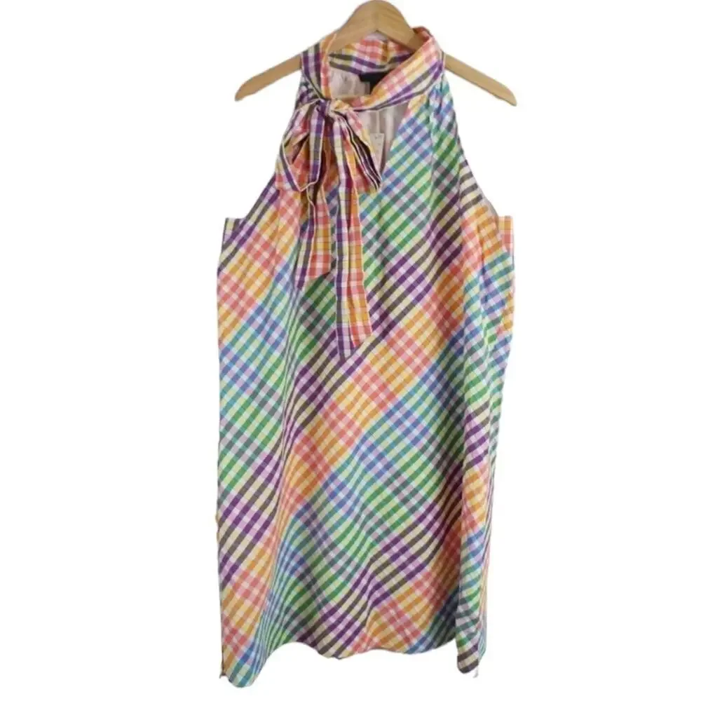J. Crew Rainbow Gingham Plaid Tie Neck Mini Shift Dress Size Small New